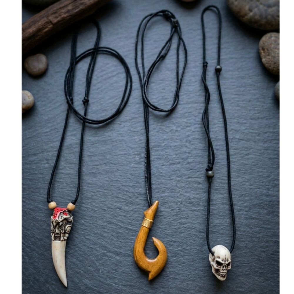 3 Wooden Fish Hook Skull Tooth Pendant Necklaces Set Mens Tribal Hawaiian Surfer